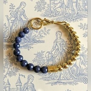 Natural Blue Sapphire  & Gold Balls In Bead Bracelet In Half And Half Design